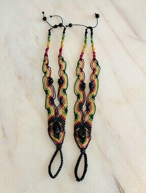 Handmade Macramé Barefoot Sandals – Black Onyx Cabochon, Rasta Colorway ♥️